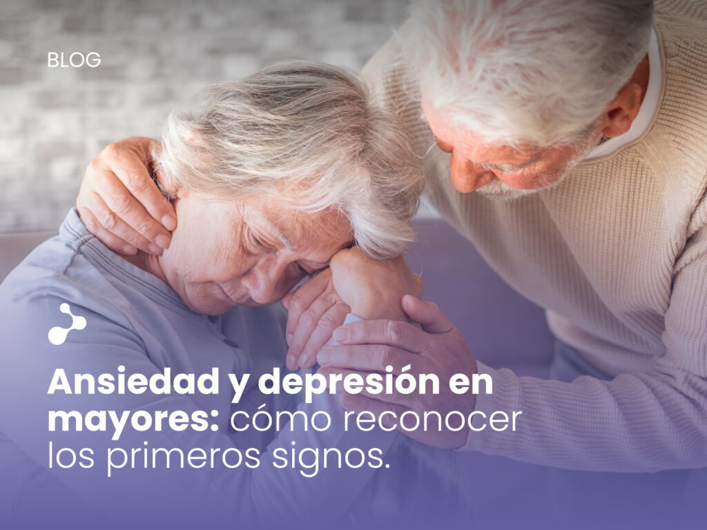 Dos personas mayores, una mujer mirando hacia abajo y un hombre dándole la mano, con elementos de marca visibles. Imagen relacionada con ansiedad y depresión en personas mayores.